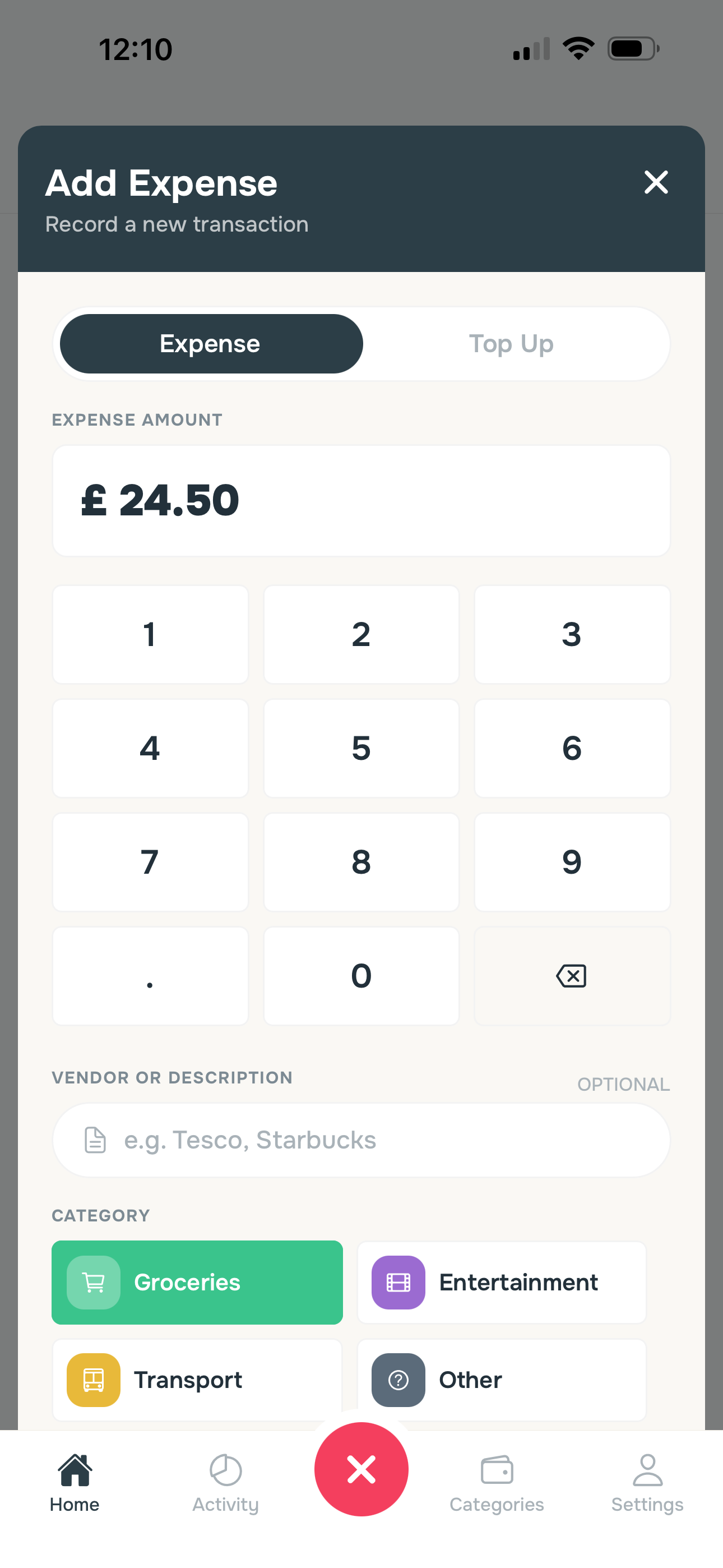 Add Expense screen with a number pad, vendor field, and category picker.